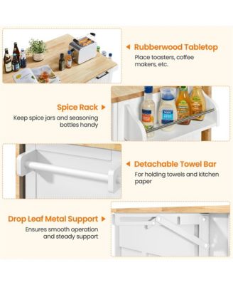 49×29.5×36 inches Kitchen Cart with Wood Top and Drop Leaf Breakfast Bar White