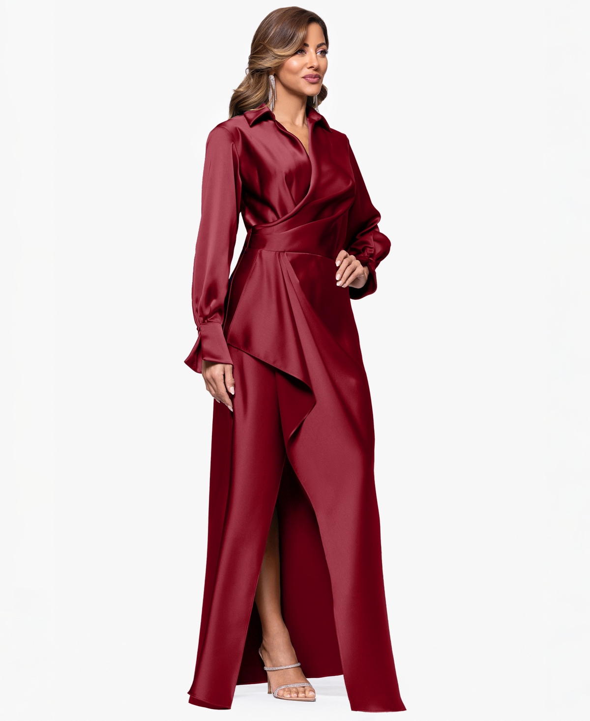 Xscape Women's Satin Shirtdress Gown In Burgundy