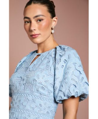 Women's Lace Hanky Hem Puff Sleeve Dress