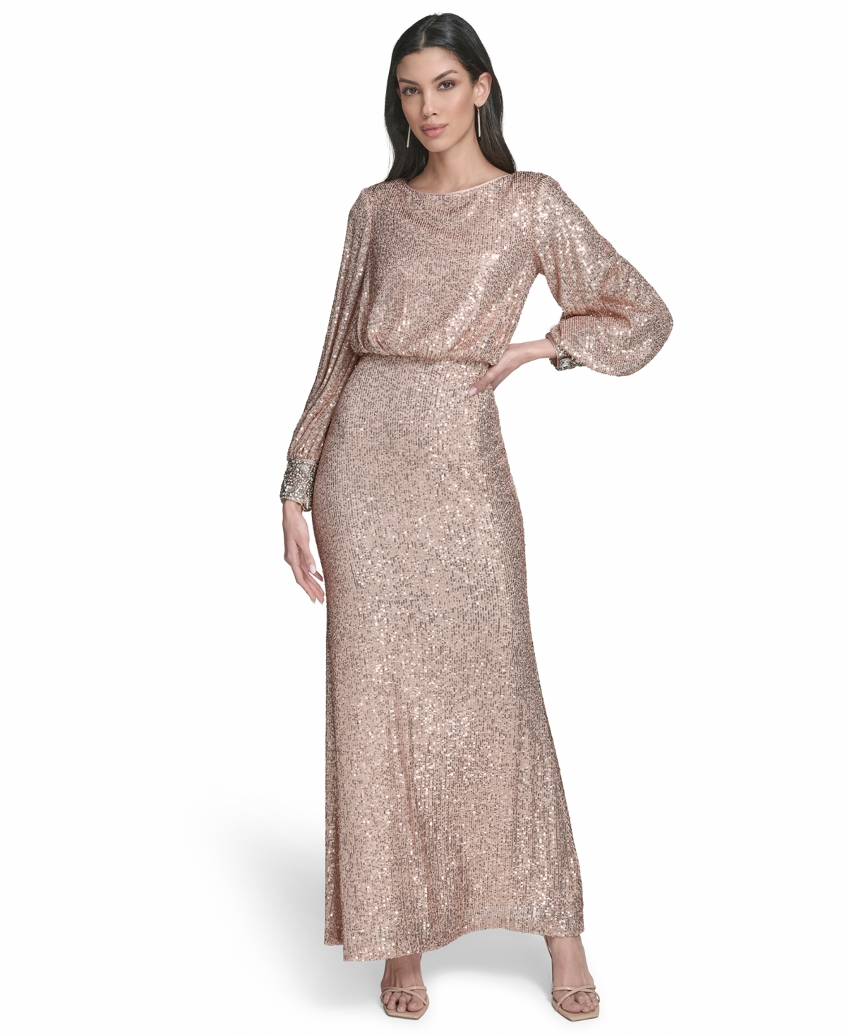 Eliza J Women's Embroidered Cuff Boat Neck Long Gown In Neutral