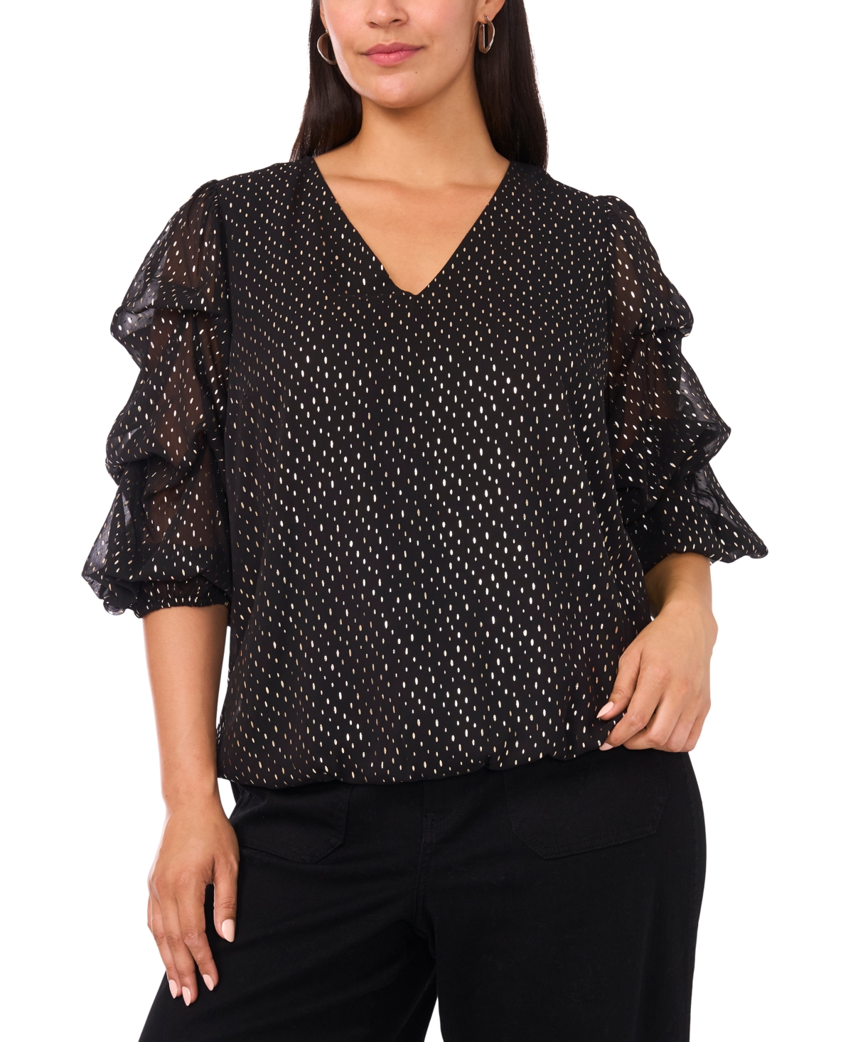 Vince Camuto Plus V-Neck Balloon Sleeve Printed Top