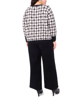 Plus Size Houndstooth Long Sleeve Crewneck Sweater
