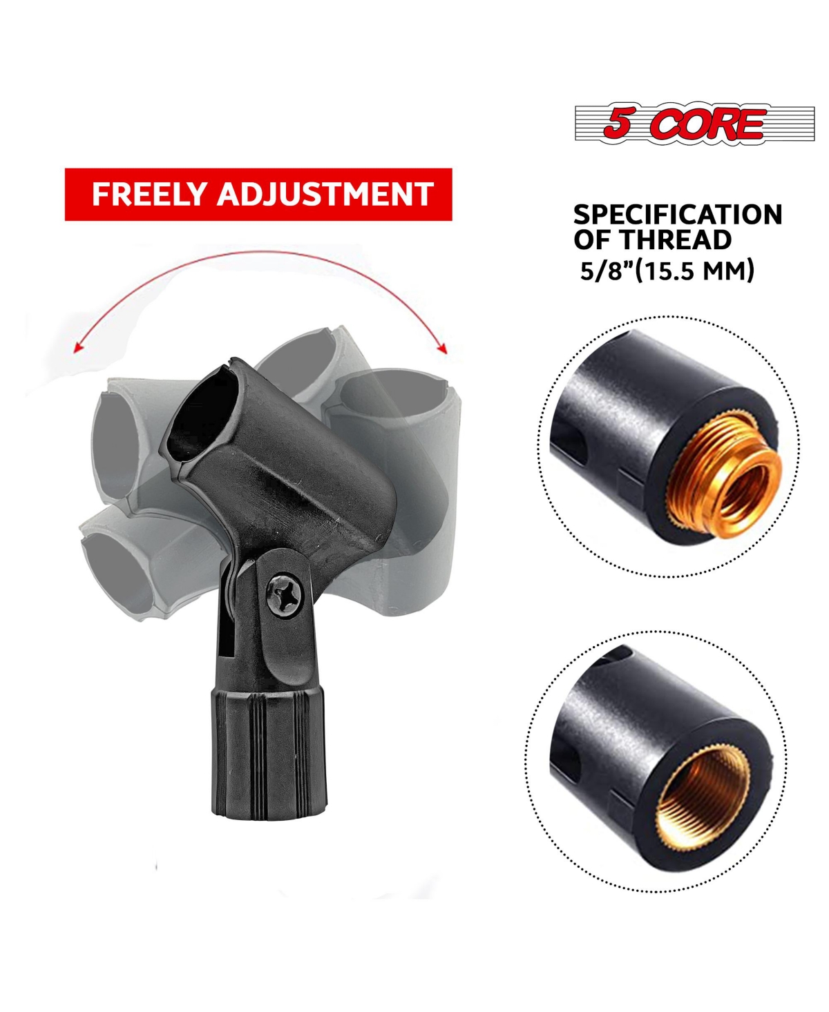 5 Core Microphone Clip Holder 2 Pieces with Screw Adapters 5/8 to 3/8 Inch