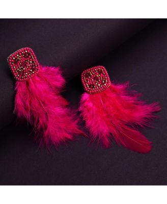 Women's Pink  Beaded Feather Drop Earrings