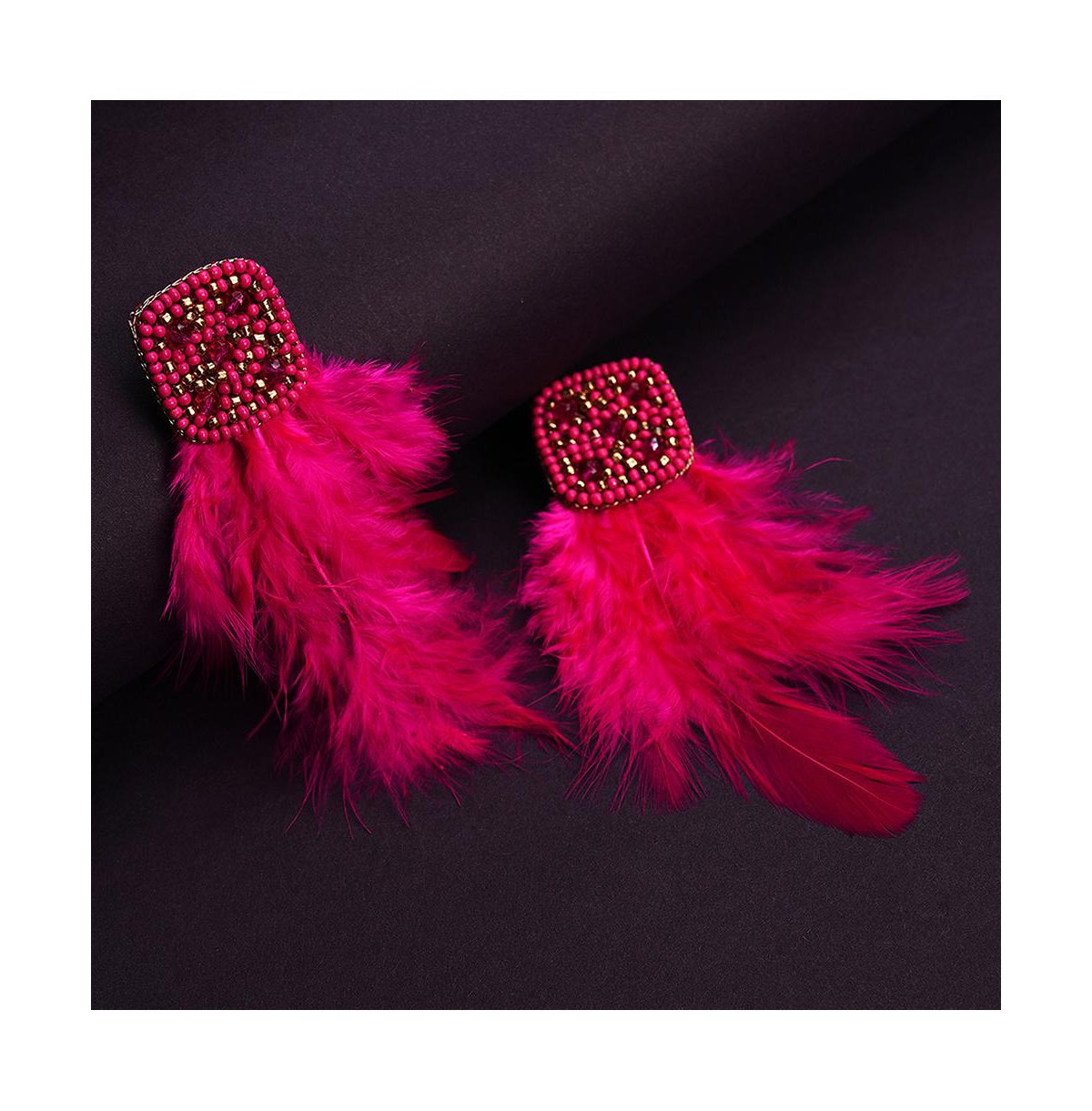 Sohi Women's Pink Beaded Feather Drop Earrings In Pink
