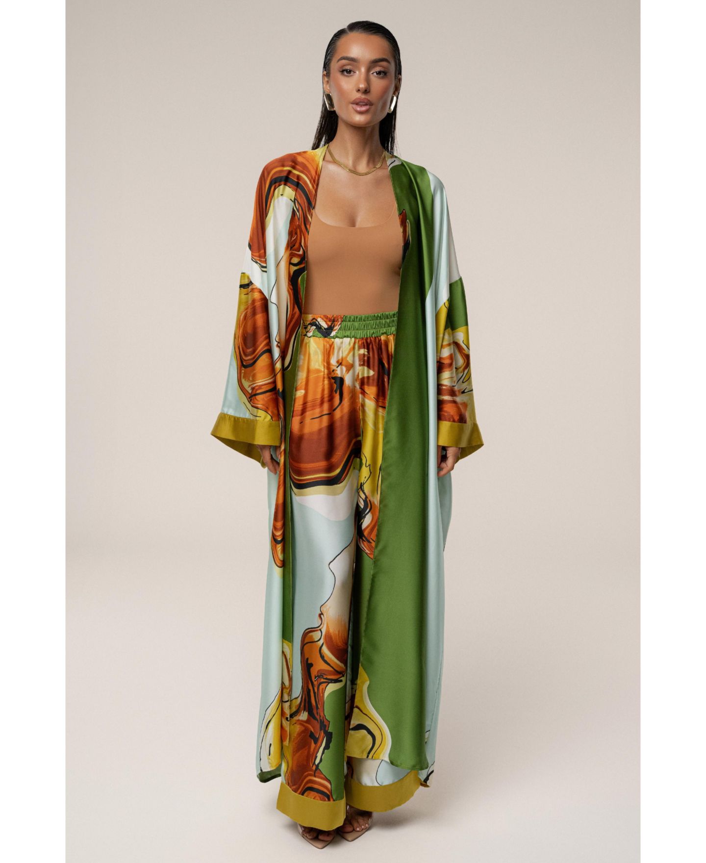 Женские куртки JLUXLABEL Nola Maxi Duster, цвет: Зелёный с принтом — фото 7