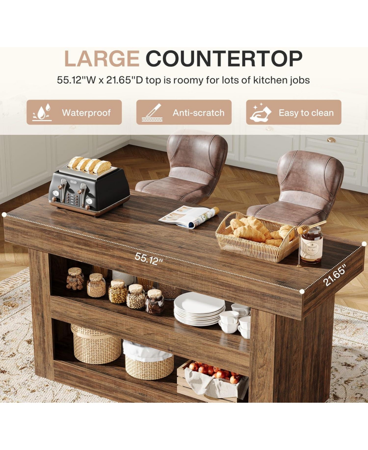 Tribesigns 55-Inch Kitchen Island with Storage, Farmhouse 3-Tier Stationary Island Table