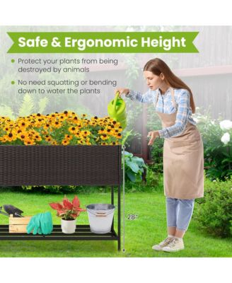 Elevated Planter Box Raised Garden Bed w/ Rattan Surface Bottom Storage Shelf & Removable Liner