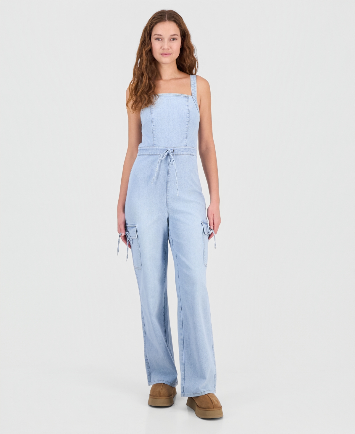 Tinseltown Juniors' Tie-Waist Denim Wide-Leg Jumpsuit