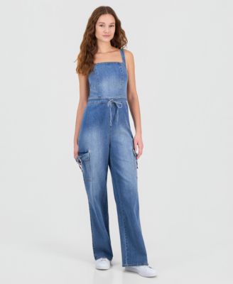 Tinseltown - Juniors' Tie-Waist Denim Wide-Leg Jumpsuit