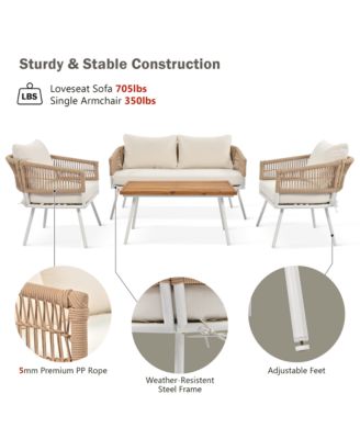 - 4-Piece Patio Furniture Set with Acacia Wood Table - Creamy Beige