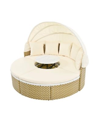 - Rattan Daybed Outdoor Sectional Sofa Set - Retractable Canopy - Beige