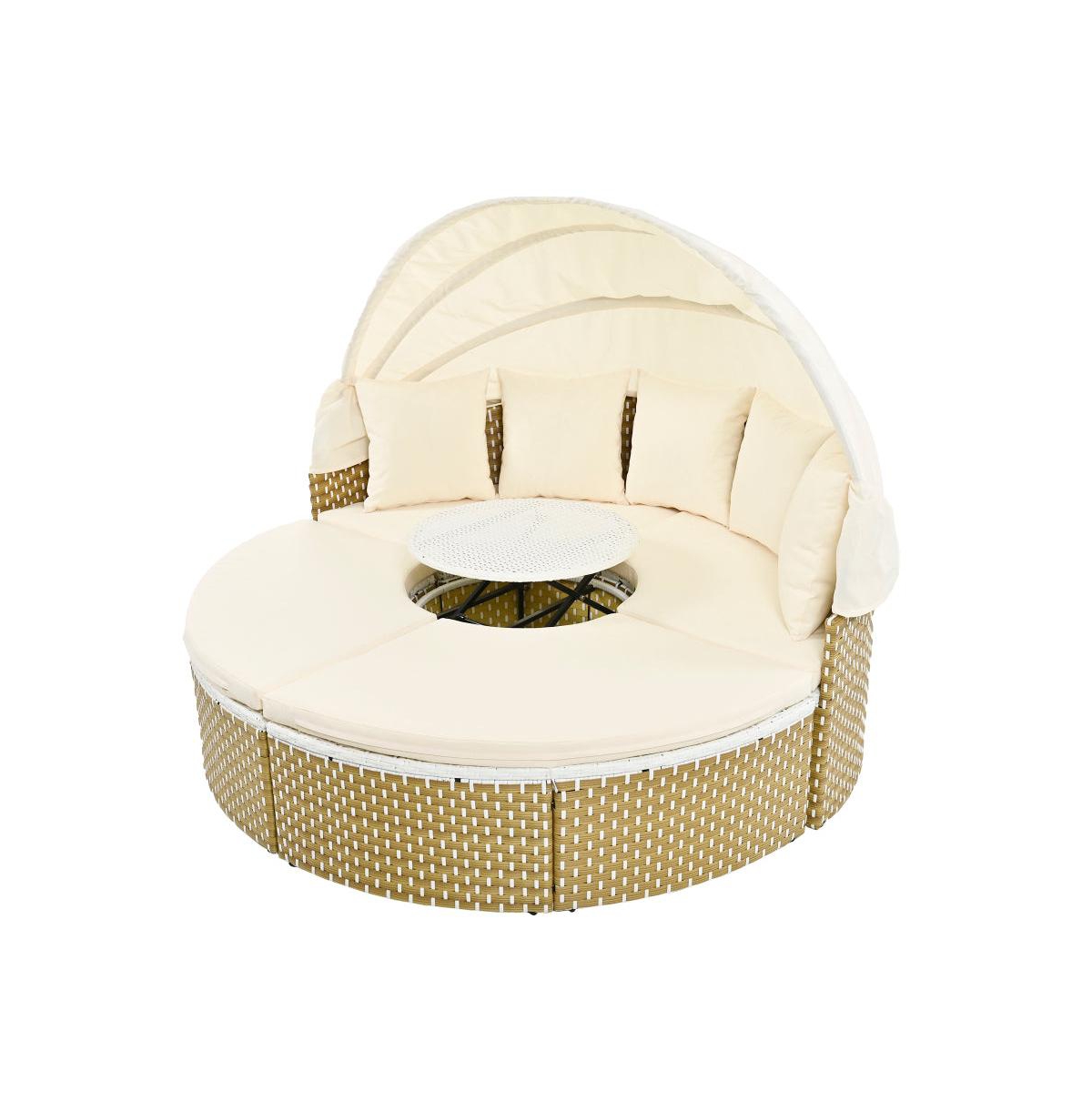 Chic Crate - Rattan Daybed Outdoor Sectional Sofa Set - Retractable Canopy with Removable Cushion & Separate Seating for Backyard & Poolside (Beige)