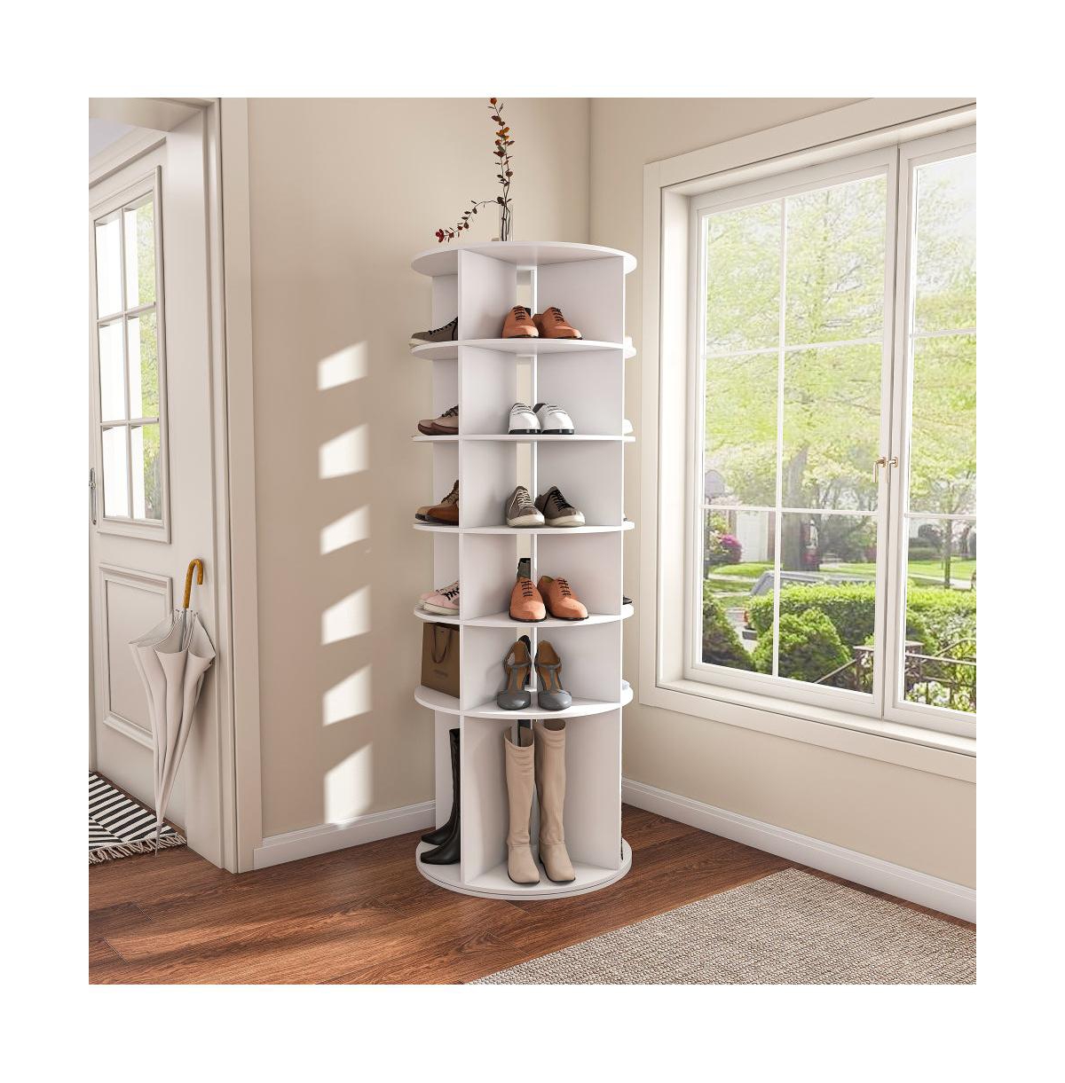 Chic Crate 6-Tier Rotating Shoe Rack Tower, 3608 Revolving Free Standing Organizer, Holds 24 Pairs White