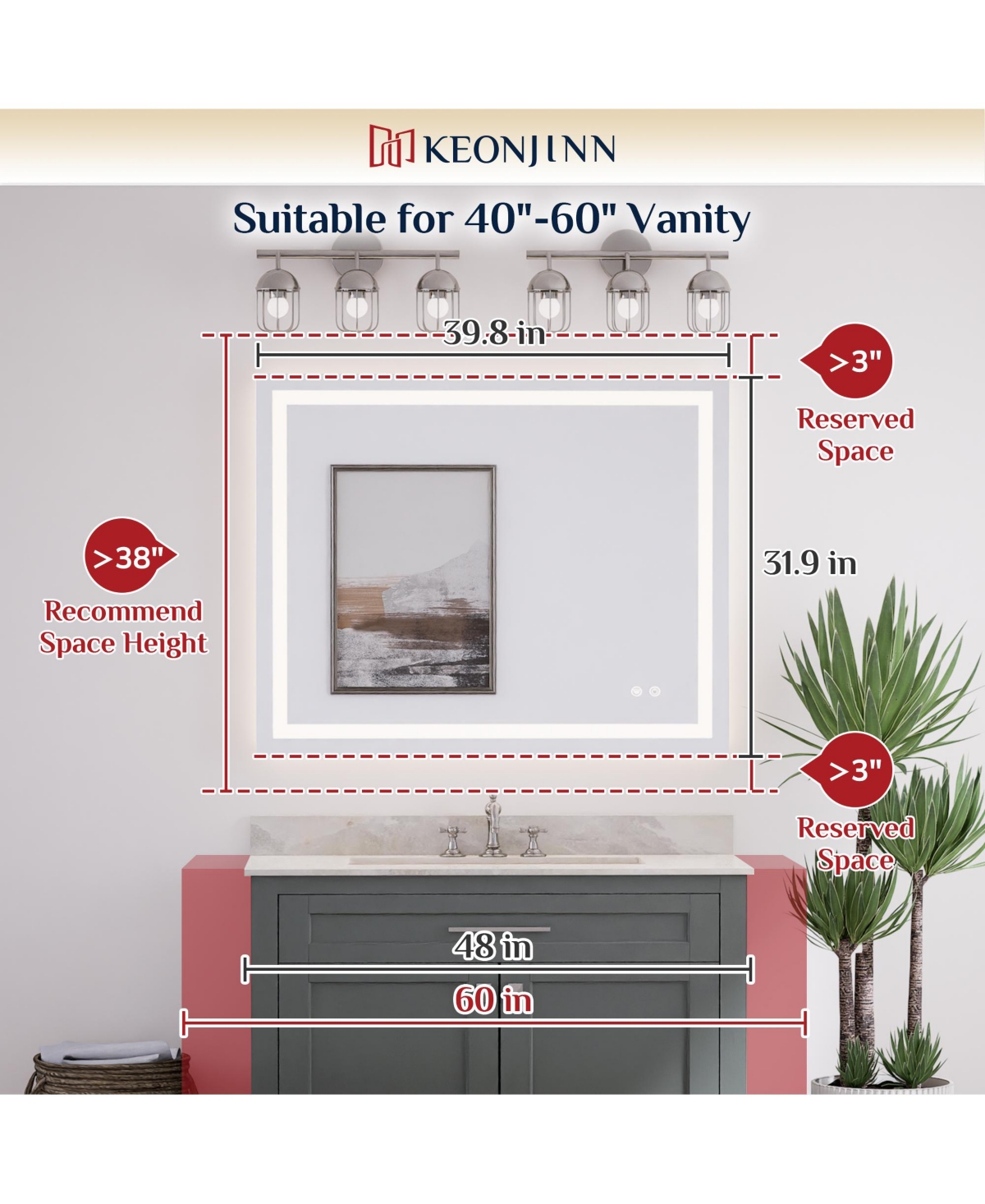 keonjinn Inch Led Bathroom Vanity Mirror Tempered Glass Front & Backlit Dimmable 3 Color Lighted Mirror Anti-fog Memory Function Frameless