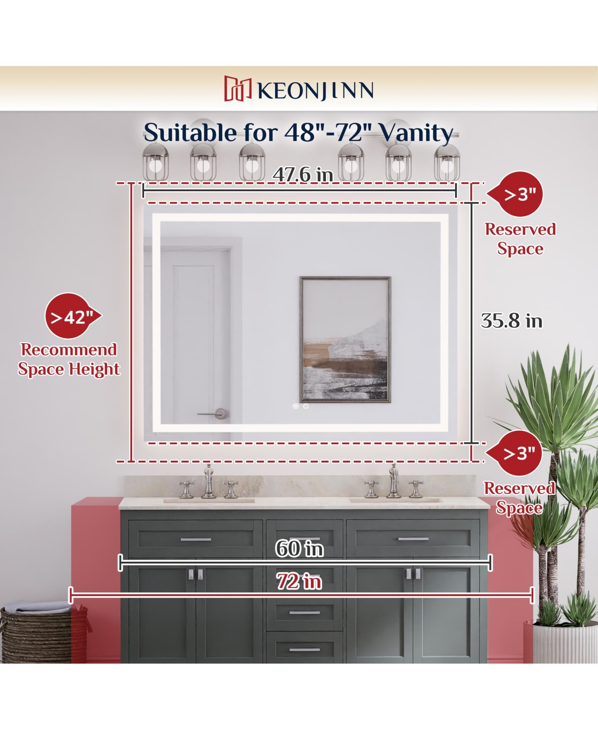 keonjinn Inch Led Bathroom Vanity Mirror Tempered Glass Front & Backlit Dimmable 3 Color Lighted Mirror Anti-fog Memory Function Frameless