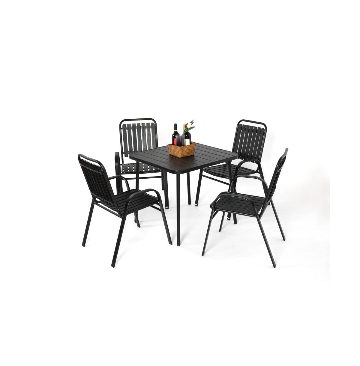 Chic Crate-5-Piece Steel Table & Plastic Chair Outdoor Dining Set - Black Weatherproof Patio Furniture for Garden, Backyard