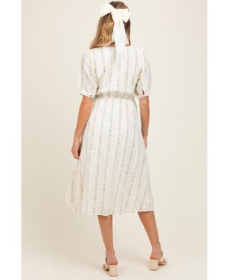 Maternity Light Blue Swiss Dot Floral Print Button Down Midi Dress