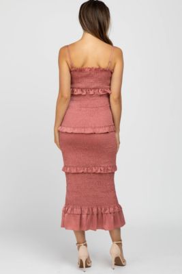 Olive Satin Smocked Fitted Maternity Maxi Dress