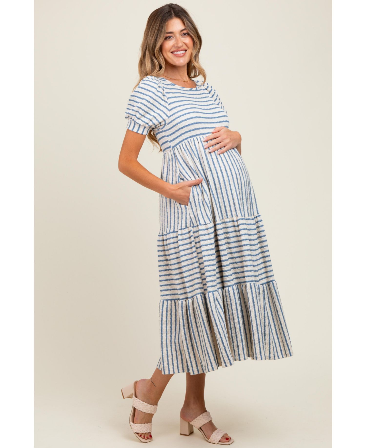 Women's Dusty Olive/ Cream Striped Short Sleeve Tiered Maxi Dress