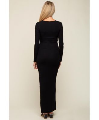 Maternity Black Ribbed Long Sleeve Square Neck Maxi Dress