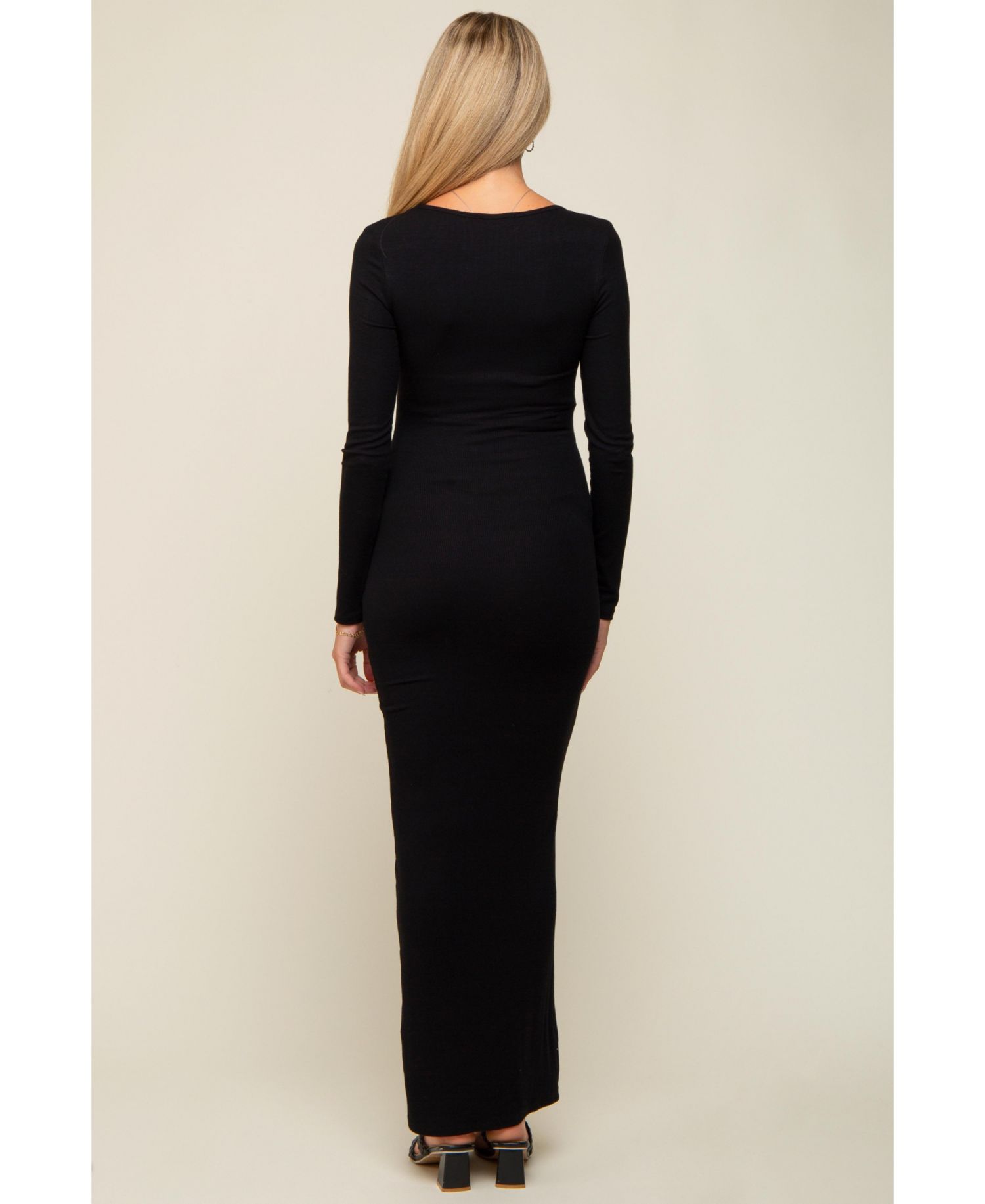 Women's Black Ribbed Long Sleeve Square Neck Maxi Dress