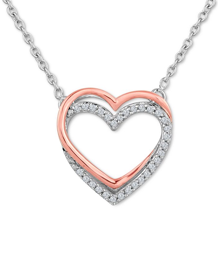 Macy's Diamond (1/10 ct. t.w.) Double Heart Pendant Necklace in ...