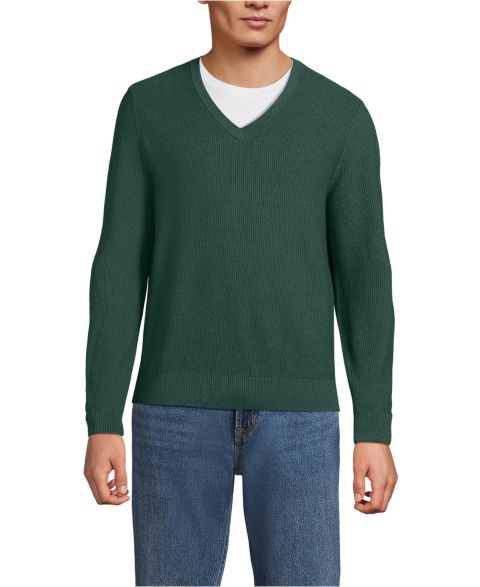 Мужской свитер Lands' End Long Sleeve Washable Merino Wool V-neck, цвет: Тёмный вечнозелёный