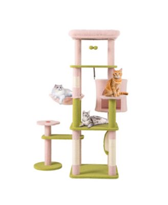 58'' Plush Cat Tree Floral Climbing Tree Multi-level Cat Tower w/ Round Basket