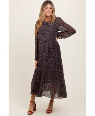 Maternity Navy Blue Floral Front Tie Pleated Midi Dress