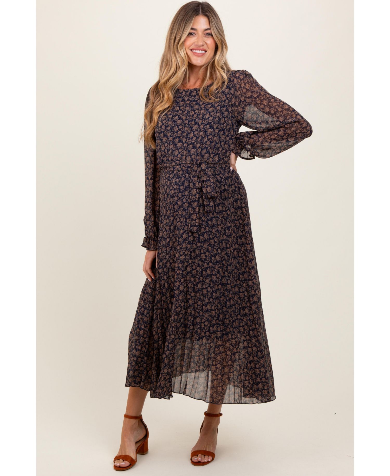 Women's Navy Blue Floral Front Tie Pleated Midi Dress