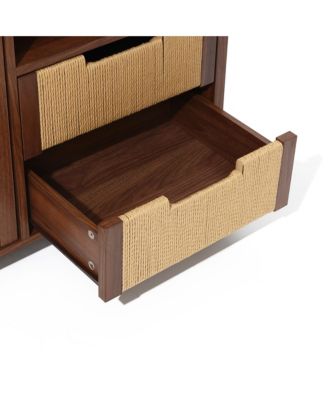 Walnut Finish Storage Cabinet with Rope Drawer Front, 1 Door, 2 Drawers, MDF Wood