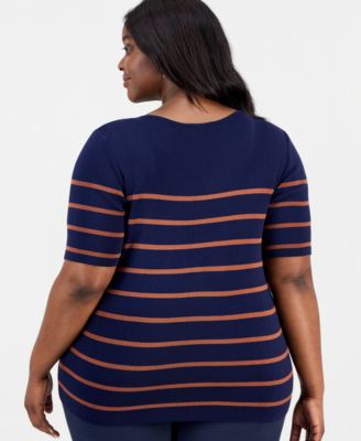 Plus Size Striped Short-Sleeve Crewneck Sweater