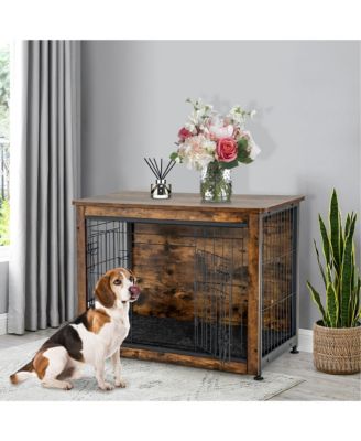 Wooden Dog Crate Furniture with Pad Bed Double Doors Dog Kennel End Table