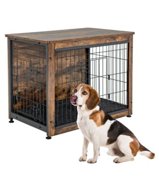 Wooden Dog Crate Furniture with Pad Bed Double Doors Dog Kennel End Table