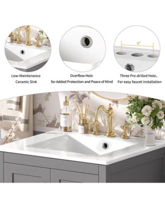 48" Rubberwood & MDF Divided Drawer Storage, Bathroom Vanity with Integrated Undermount Ceramic Sink