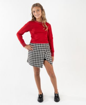 Rare Editions - Girls 7-12 2-Piece Embellished Sweater and Plaid Skort Set