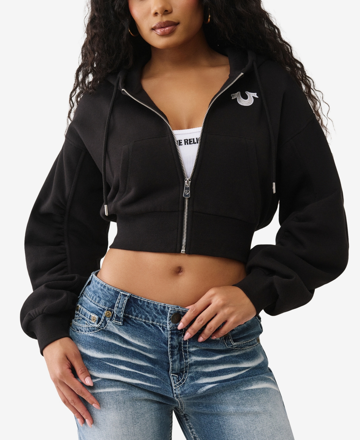 True Religion Women's Buddha Ruched Sleeve Zip Hoodie