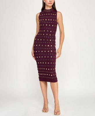 Juniors' Mock Neck Sleeveless Studded Midi Sweater Dress