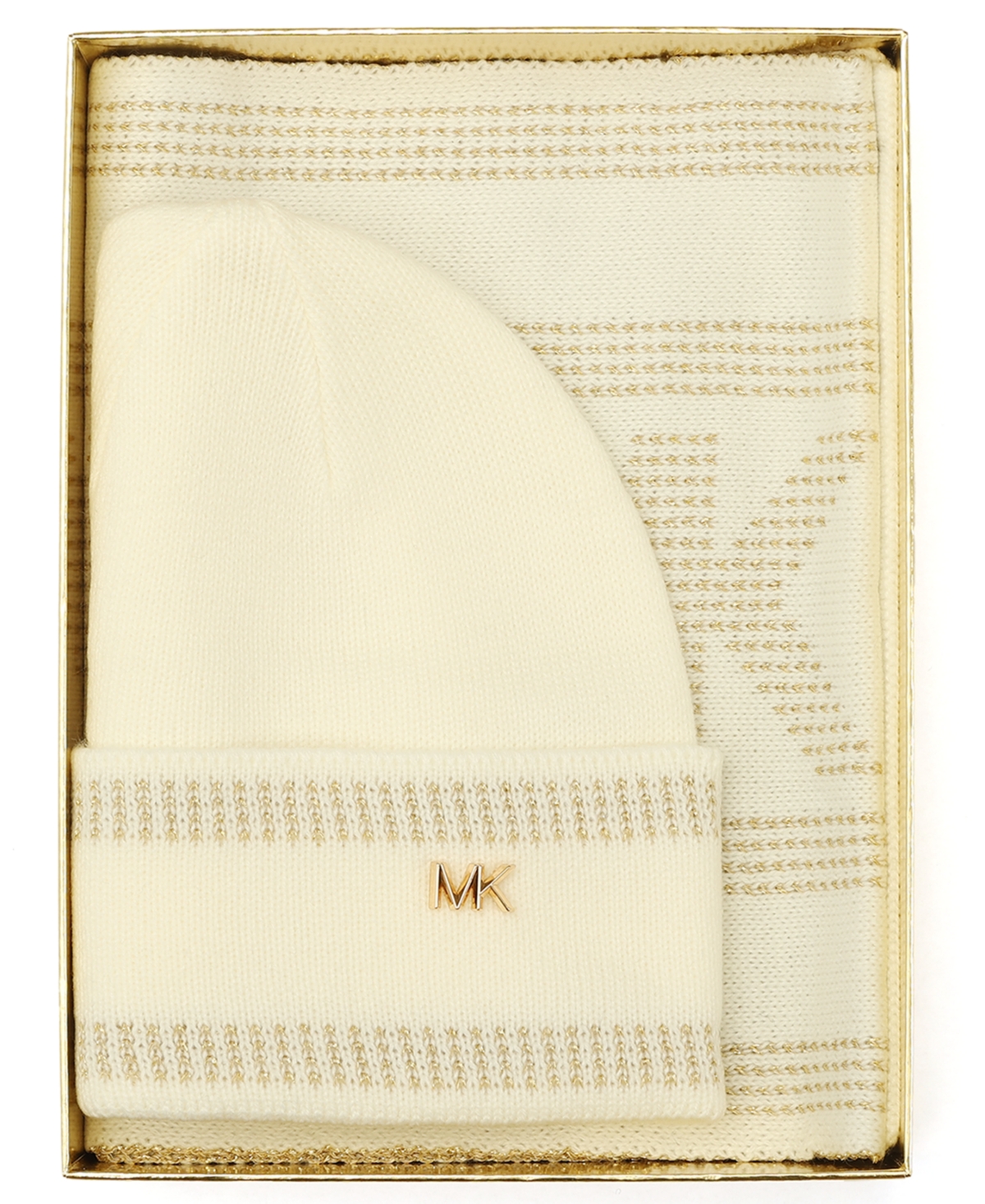 Michael Kors Michael  Women's Signature 2-piece Mk Sport Tape Cuff Beanie And Scarf Set In White