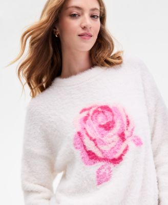 Juniors' Rose-Print Eyelash-Texture Sweater