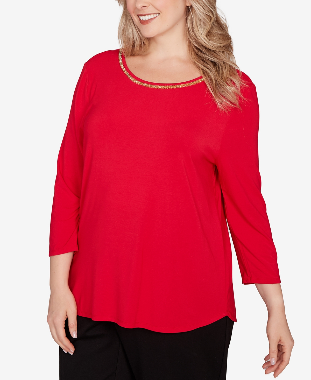 Ruby Rd. Plus Size Embellished Scoop Neck Solid Knit Top In Red