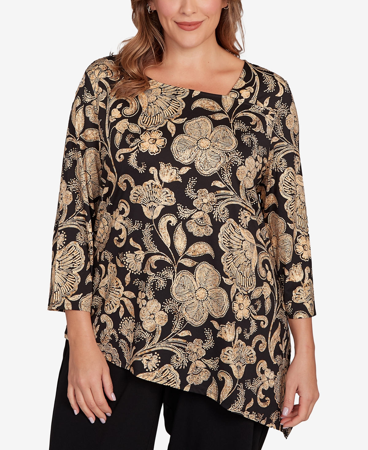 Ruby Rd. Plus Gold Foil Floral Printed Knit Top