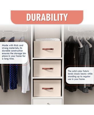 3 Pack Foldable Linen Storage Bin with Faux Leather Handles and Lid