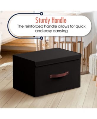 3 Pack Foldable Linen Storage Bin with Faux Leather Handles and Lid