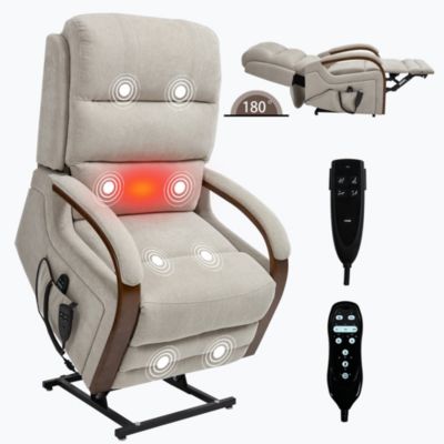 Power Chenille Lift Recliner Chair Dual Motor Infinite Position Up to 350 LBS with Solid Wood Armrests, Heat Massage and Heavy Duty Motion Mechanism