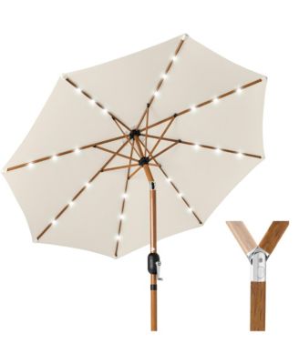 10ft Solar LED Lighted Outdoor Woodgrain Pattern Steel Market Patio Umbrella