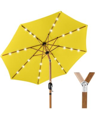 10ft Solar LED Lighted Outdoor Woodgrain Pattern Steel Market Patio Umbrella