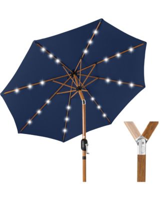 10ft Solar LED Lighted Outdoor Woodgrain Pattern Steel Market Patio Umbrella