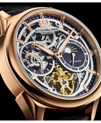 Vanguard 1019.04 Legacy Collection Dual Time Automatic Skeleton Watch 42mm Rose Gold Tone Black Dial Leather Strap